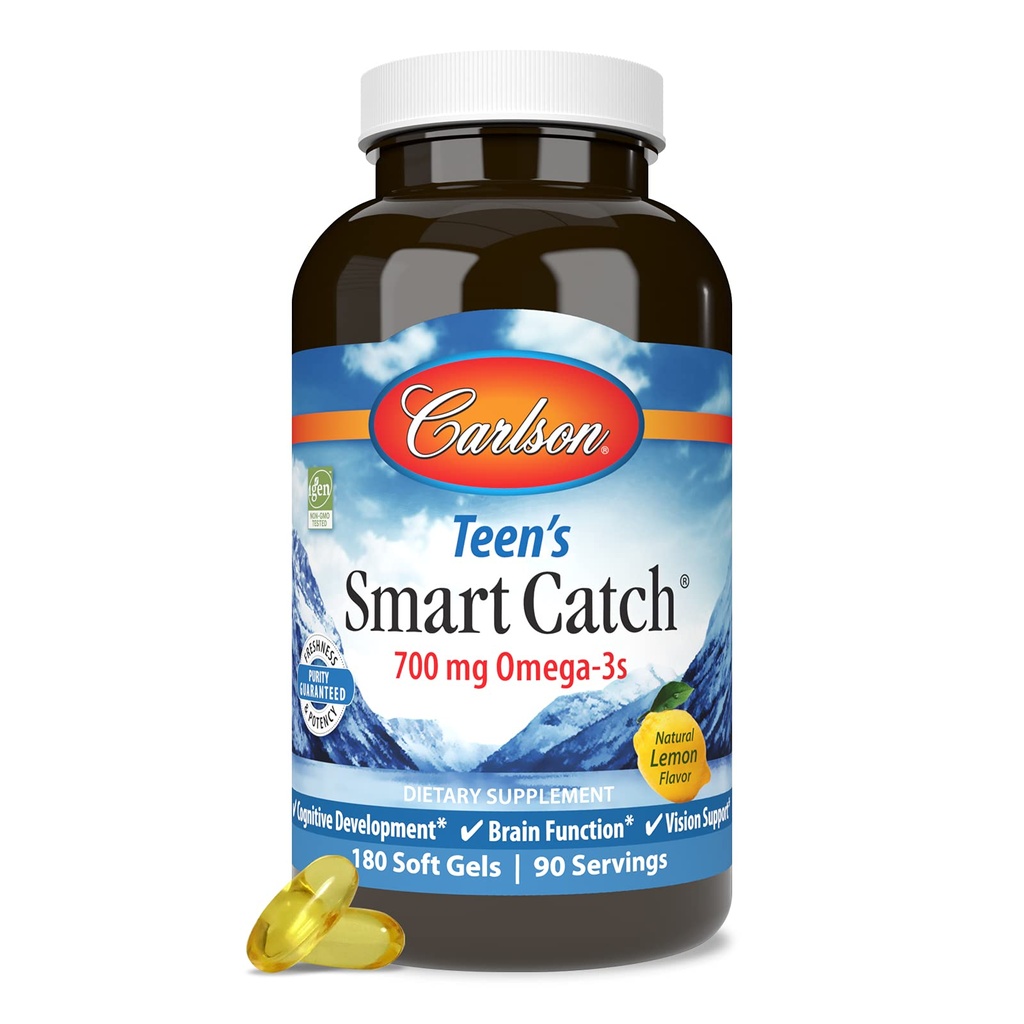 Carlson - Inteligentny połów nastolatków, 700 mg Omega- 3, Rozwój kognitywny, Funkcje mózgu i Vision Support, Lemon, 180 Softgels