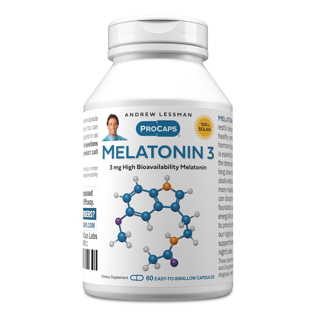 ANDREW LESSMAN Melatonin-3 mg - 60 kapsułek - Fizjologicznie zrównoważone poziomy do naturalnego promowania niespokojnego snu. Reguluje codzienny rytm kręgowy. Ułatwia sen. Brak porannego kaca