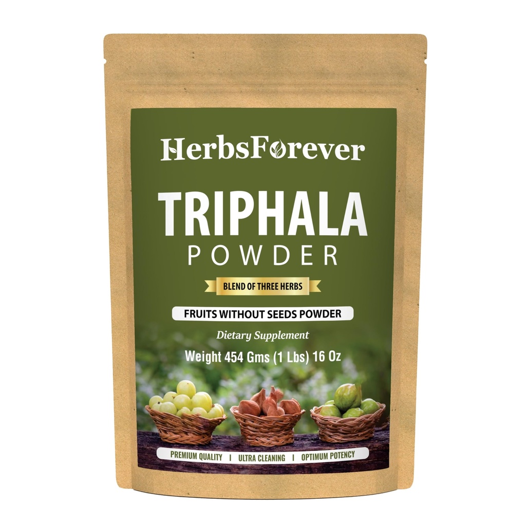 Herbsforever Triphala Churna Proszek Tradycyjne Ayurvedic Formulacja Wspiera Detoksykacji i Odmładzania Non GMO, Wegan 454 GMS