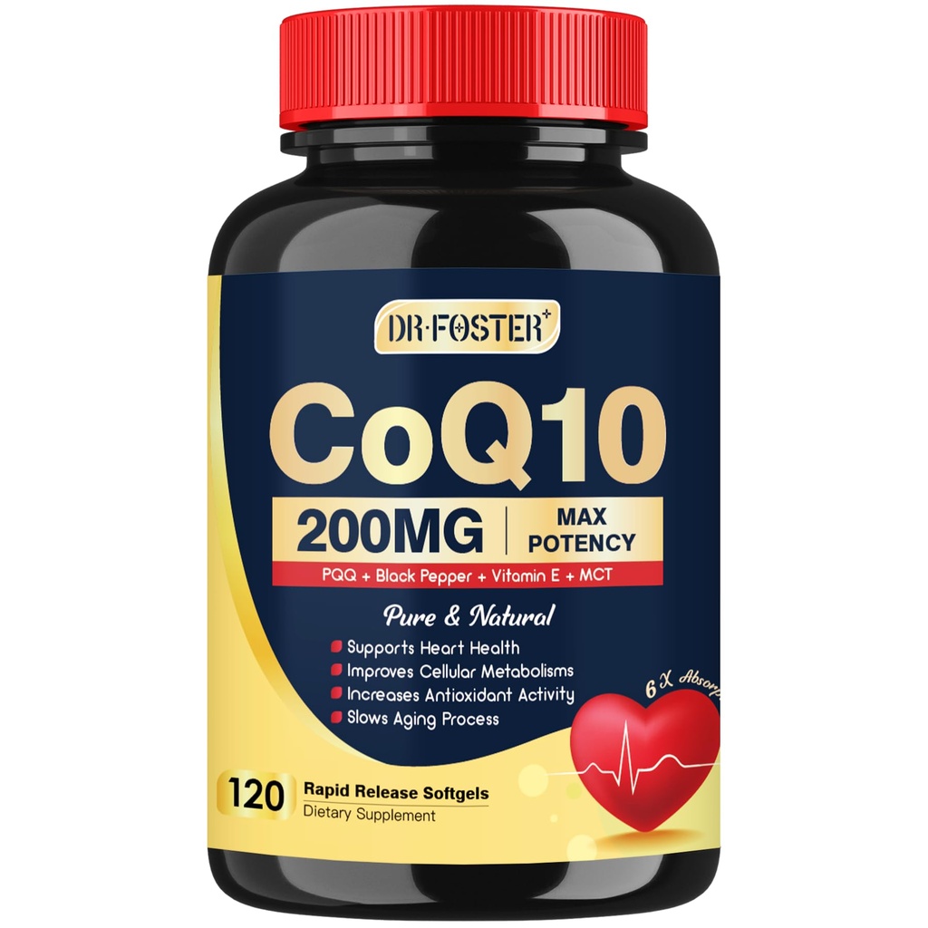 DRFOSTER Coq10 200mg, Koenzym Q10 dla przeciwutleniaczy i produkcji energii, 6X Wyższa Absorpcja Cq10 z Witaminą E & PQQ & Black Pepper Extract, Co q 10 Suplement 120 Służenie