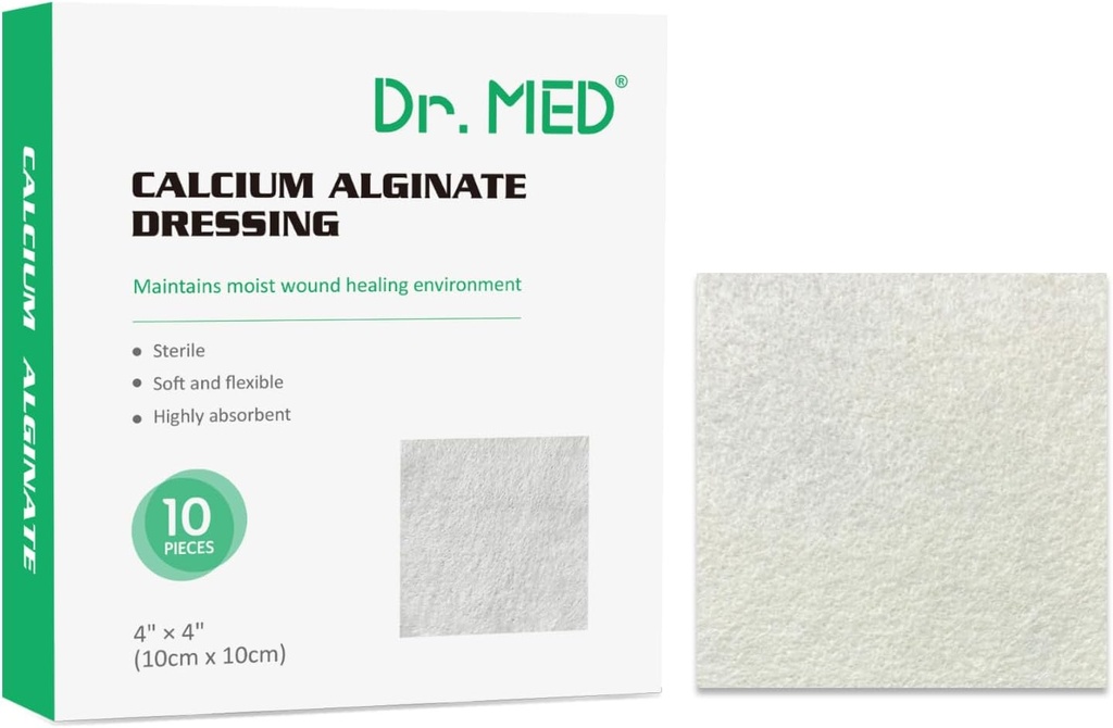 Dr Med Alginat wapnia opatrunek 4 "x4", 10 Indywidualny Pack Wysoka Absorpcja Gaza opatrunkowa, Non-Stick Pads, Miękka i wygodna łata do pielęgnacji rany, szybsze gojenie