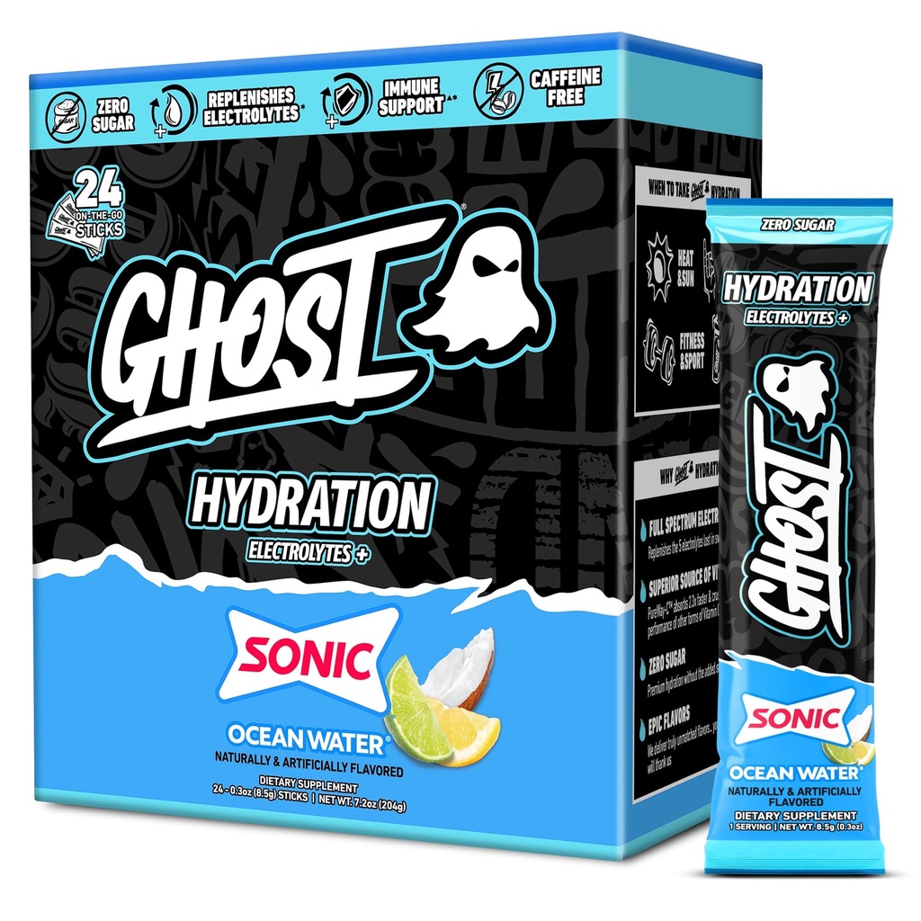 GHOST Pakiety nawadniające, Sonic Ocean Water, 24 Sticks, Proszek elektrolitowy - Drink Mix Supplement with Magnezu, Potasu, Wapń, Witamina C - Wegan, Wolny od Soi, Cukier & Gluten