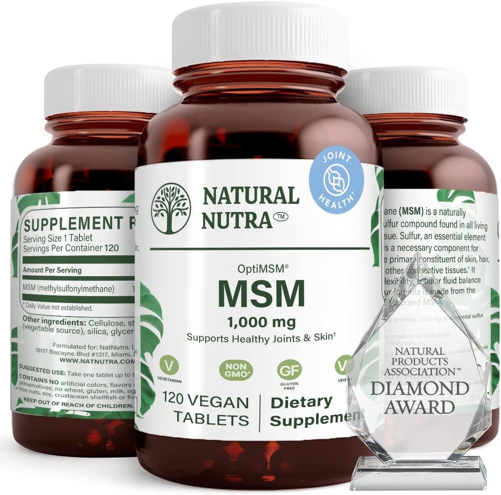 Natural Nutra OptiMSM, Suplement MSM z siarką, Zapobieganie gęstości włosów, Zwiększenie elastyczności stawów i zdrowia kości, Chrząstki zdrowia, Pomaga utrzymać równowagę płynów, 1000 mg, (120) Wegańskie tabletki