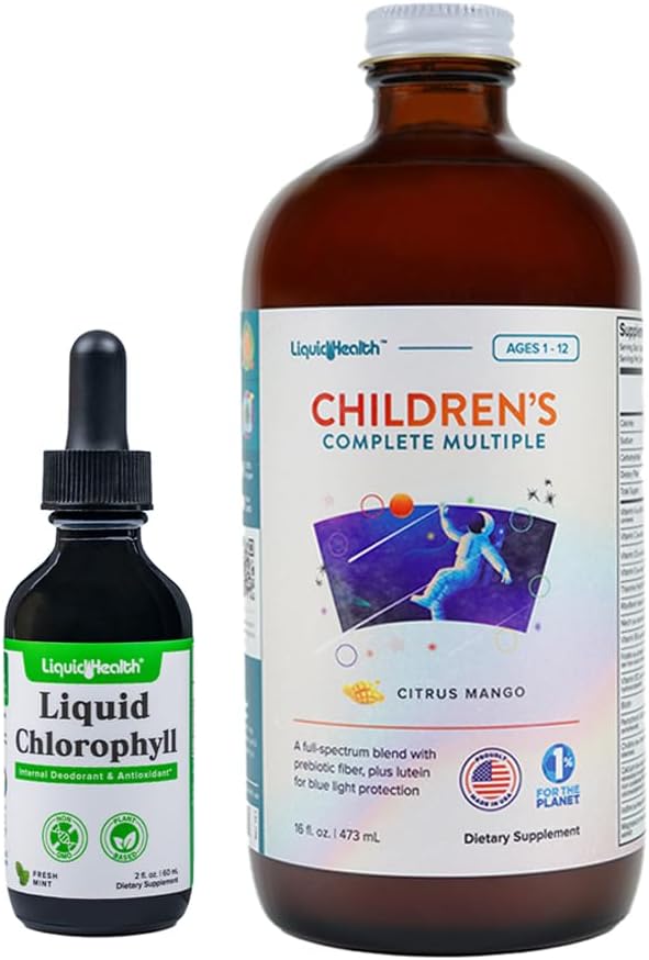 Chlorofil płynny LIQUIDHEALTH Krople & Kompletny zestaw multiwitaminowy dla dzieci - Deodorizer wewnętrzny, Stop Bad Breath, Zmniejszenie zapachu ciała, Wsparcie immunologiczne - Made in USA, Non-GMO