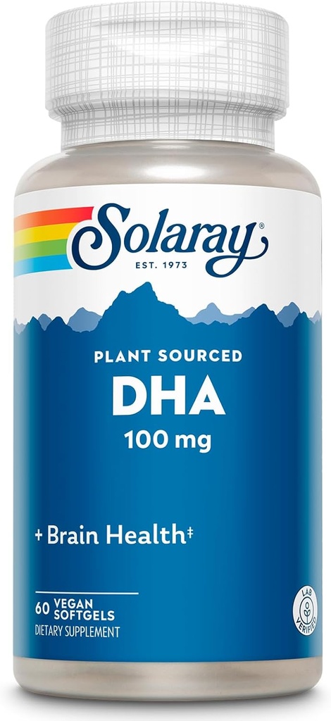 SOLARAY DHA Suplementy 100 mg - D H A Omega 3 Kwasy tłuszczowe do Wellness Support, Prenatal DHA Omega 3 Suplement - Roślina zakwaszona z oleju Algae - 60- Day Guarantee, 60 Służenie, 60 Wegan Softgels