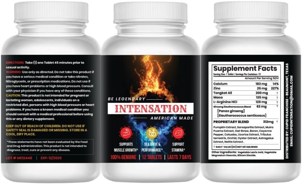 INTENSATION - Suplement męski - All Natural Stamina Support - Last Longer - Wzrost wielkości, siły & Stamina - Poprawa poziomu energii - Optymalizacja witalności - 12 tabletek