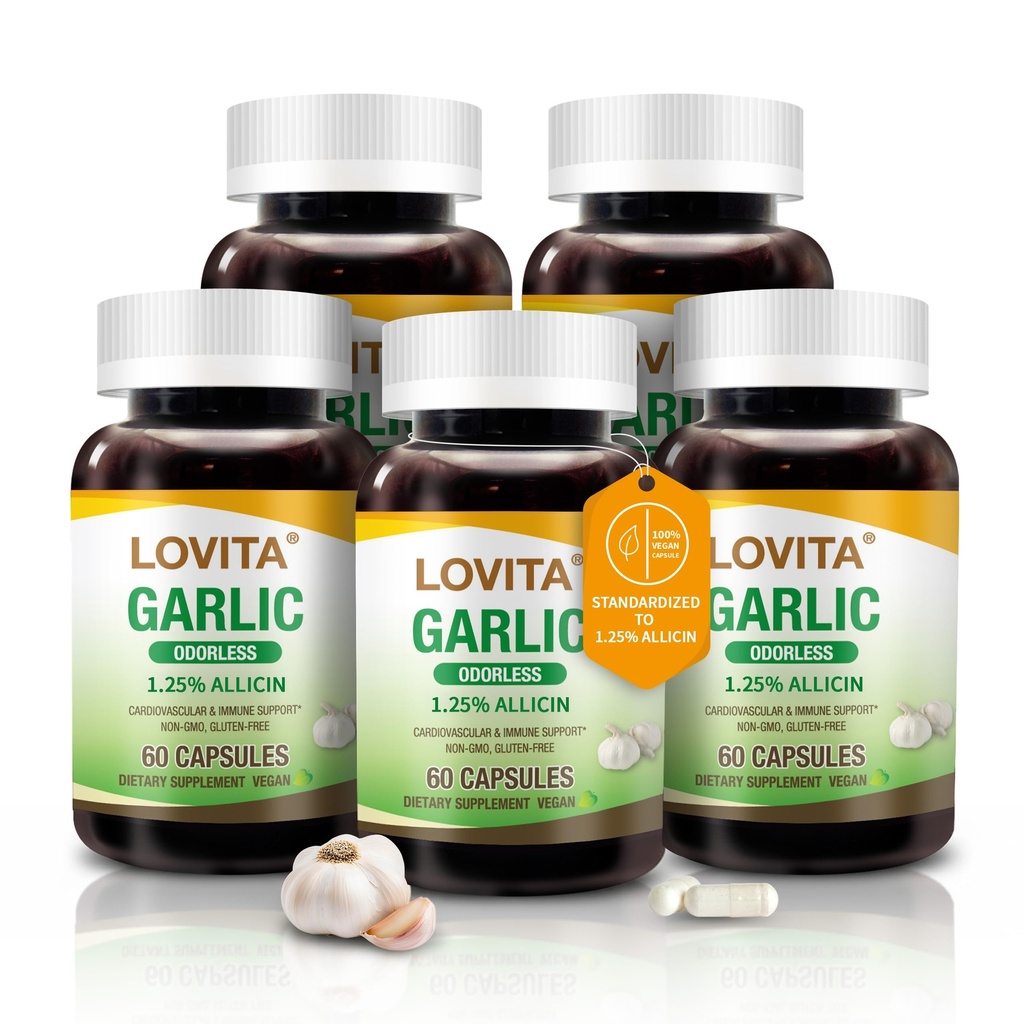 Kapsułki czosnkowe Lovita Odorless, ekwiwalent 500 mg świeżego czosnku, 1,25% ekstrakt z allicyny, Podtrzymuje serce, ciśnienie krwi, Cholesterol i system immunologiczny, Non-GMO, Gluten- Free, 300 Kapsułki wegańskie