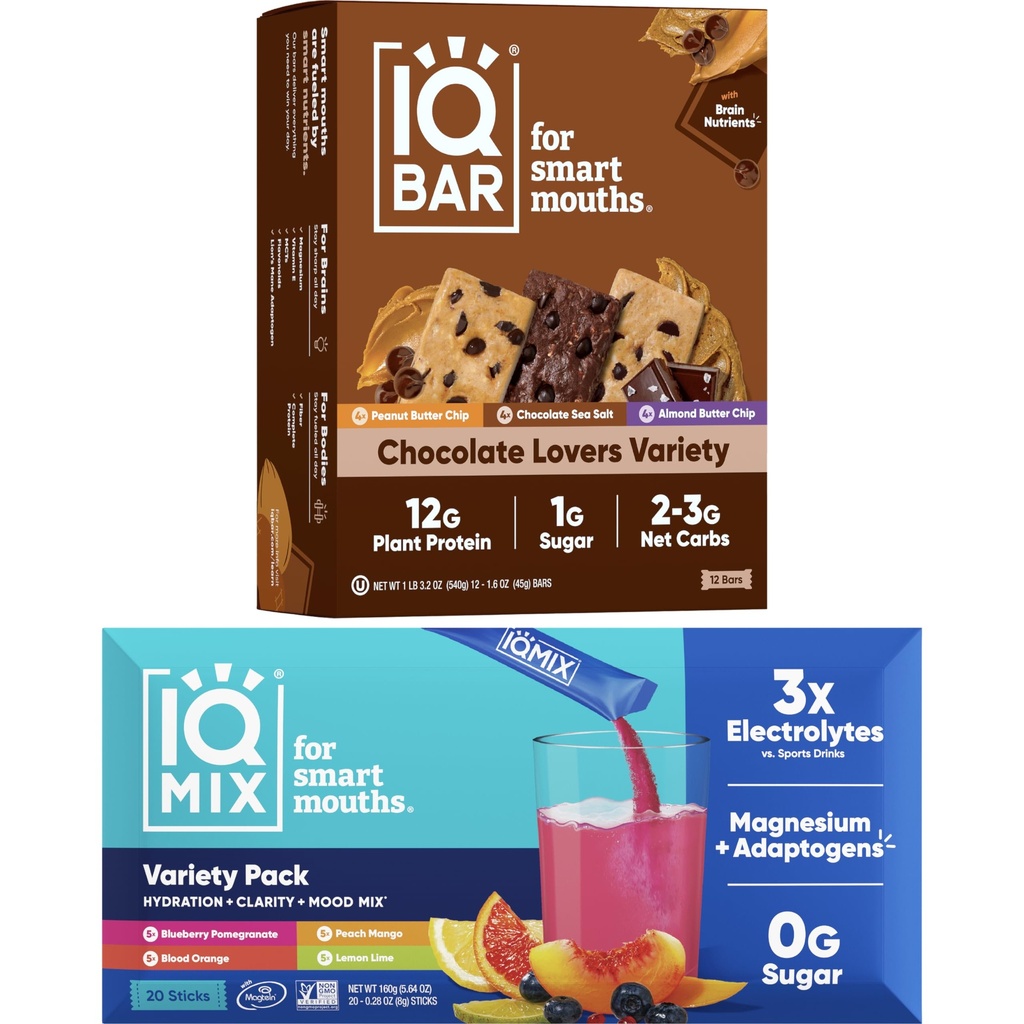 IQBAR Brain and Body Keto Protein Bars - 12 Barów Czekoladowych Low Carb, Wegan Bars & IQMIX Sugar Free Electrolyte Powder Pakiety - 20 Licz Pack Odmianowy Keto Electrolytes z Lons Mane