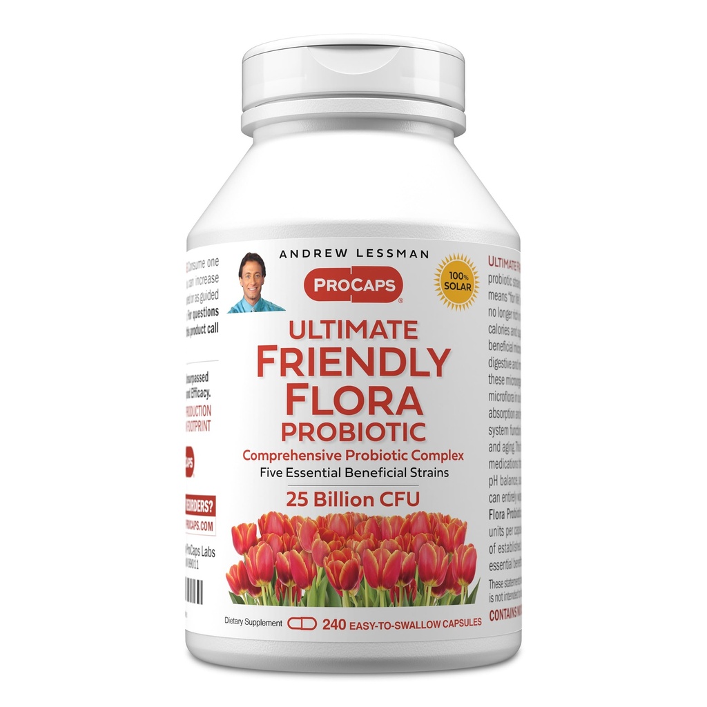 ANDREW LESSMAN Ultimate Friendly Flora Probiotic 240 kapsułki - 25 Billion CFU, Kompleksowy Mieszanka pięciu szczepów probiotycznych, Potężne wsparcie immunologiczne i pokarmowe. Probiotyki dla kobiet lub mężczyzn