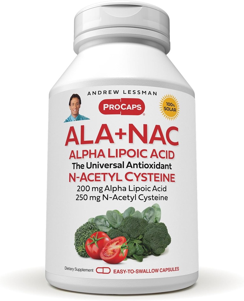 ANDREW LESSMAN ALA + NAC Alpha Lipoic Acid with N- Acetyl- Cysteina 180 Kapsułki - Ultra- Wysoka potencja, Przeciwutleniające Wsparcie dla układu nerwowego, Serce, Mózg, Wątroba, Nerki, Płuca, Energia. Brak dodatków