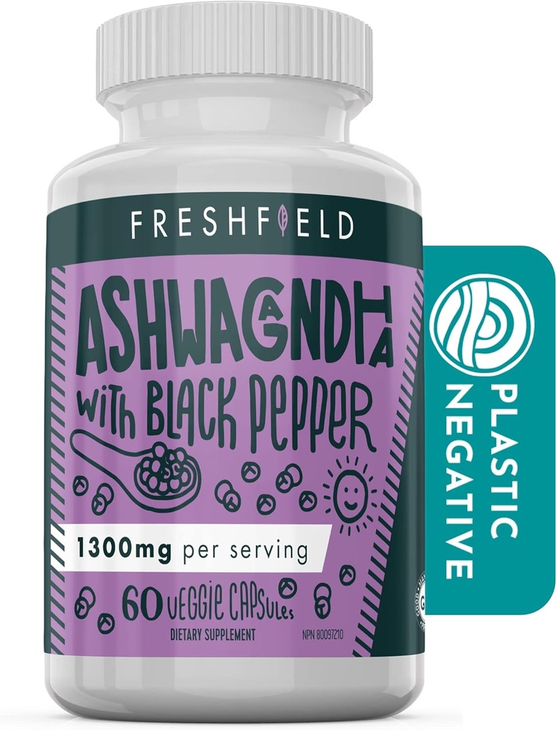 Freshfield Ashwagandha z Black Pepper. Vegan Friendly Supplement for Assistance Zmęczenie nadnerczy, Mięśnie pamięci, tarczycy i siły. Wszystkie kapsułki naturalne 1300mg