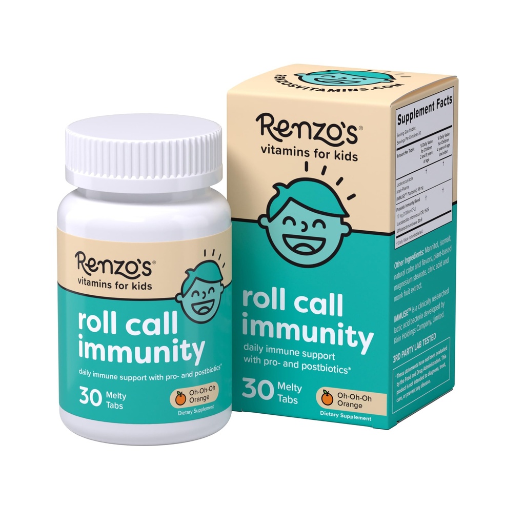 Renzo 's Roll Call Immunitet - rozpuszczalne dzieci immunologiczne suplement wsparcia z IMMUUSE Postbiotic, bezcukrowe Witaminy dla dzieci, 30 Orange-zapachowych Tabs Stopy