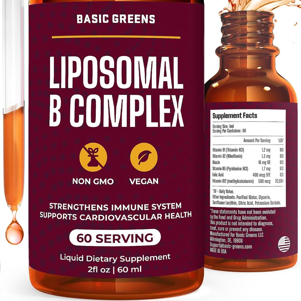 Liposomal B Vitamin Complex Liquid - Wysoka absorpcja energii, Zdrowie mózgu i skóry, Włosy i paznokcie, Zaawansowane Liposomal Dostawa, Wegan, Non-GMO, 2 Fl Oz