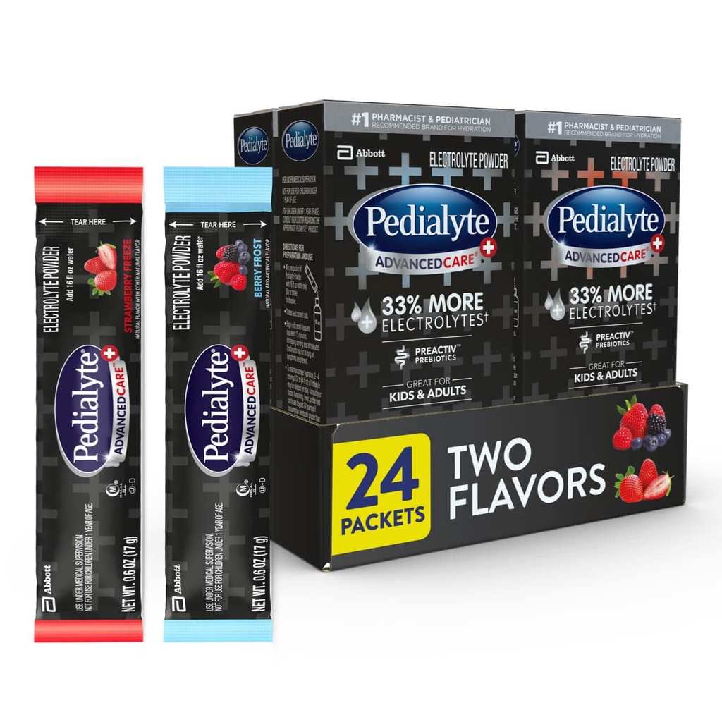 Pedialyte AdvancedCare Plus Electrolyte Powder, ma 33% więcej elektrolitów i PreActiv Prebiotyki, Odmiana Pack: Berry Frost i Truskawka Freeze, 24 Puder Pakiety
