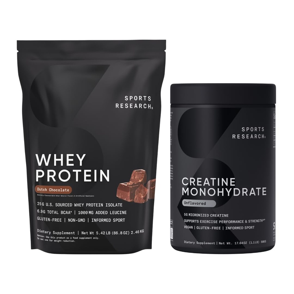 Sports Research ® Monohydrat kreatynowy (1.1 LBS) i holenderskie białko serwatki czekoladowej (5.42 LBS), Dynamiczny Duo dla Lean Muscle Building, Poprawa wydajności i siły i odzyskiwania treningu