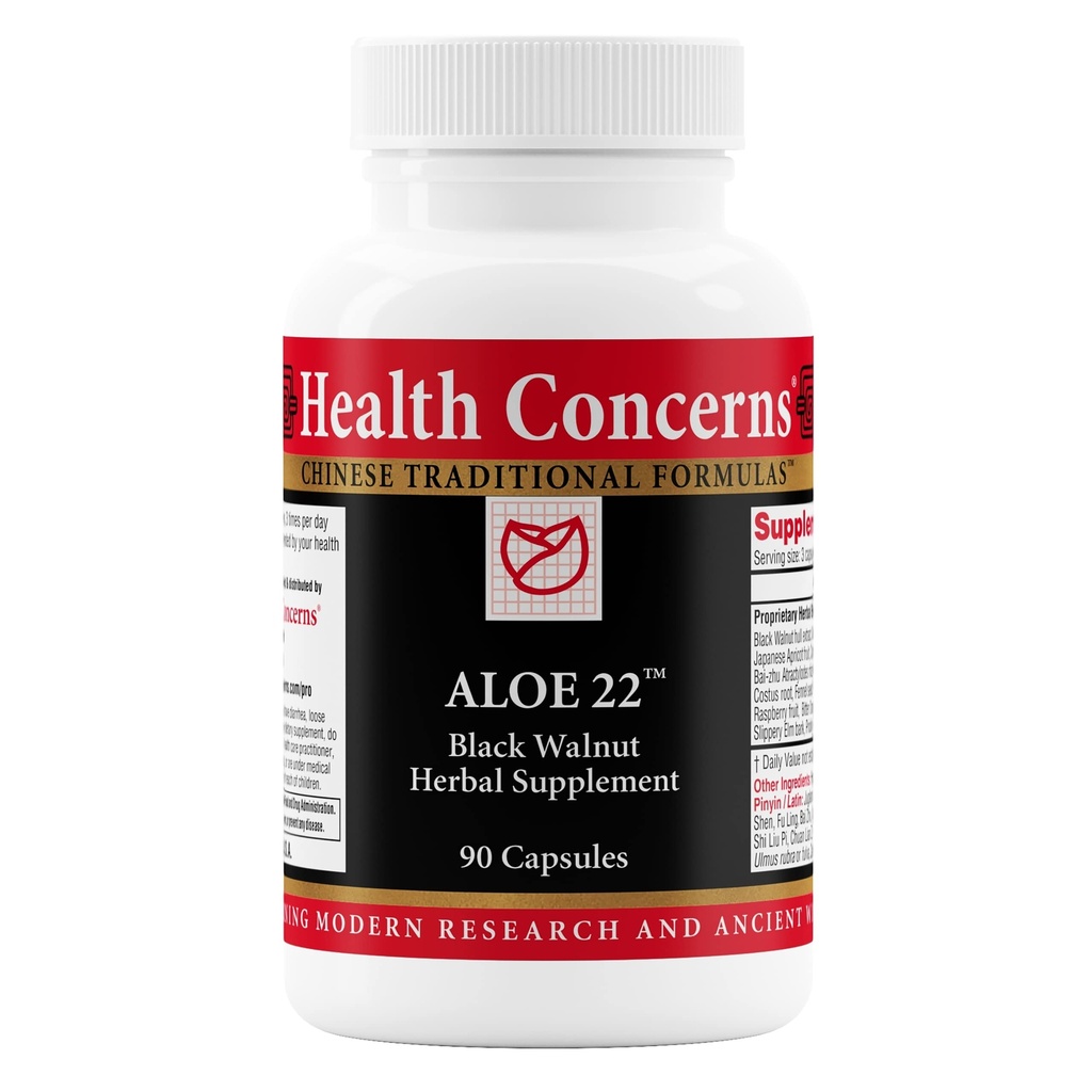 Obawy zdrowotne Aloe 22 - Wsparcie pokarmowe & Oczyszczanie jelit - Zaparcia, Bloating & Parasite Detox Suplement - Czarny orzech, Ginger, Myrobalan & Aloe Vera Herbal Formula - 90 Kapsułki