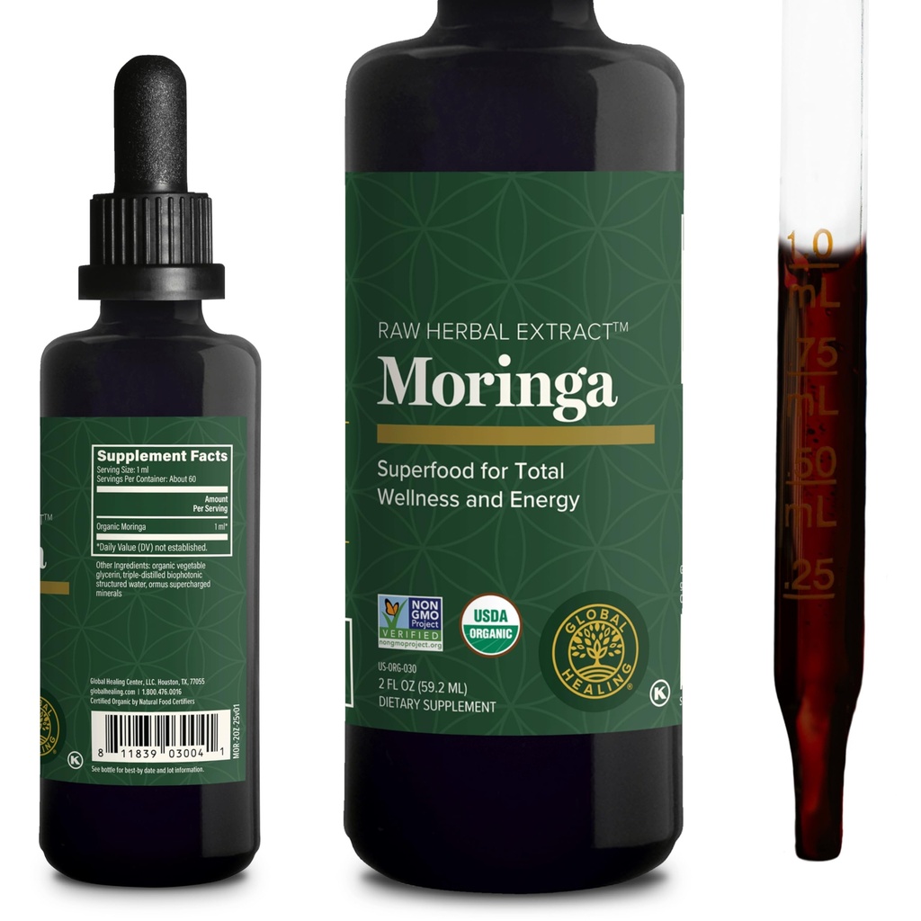 Global Healing Center - Organic Moringa Oleifera Extract Liquid Drops, Moringa Supplement- Wegan z drzew Leves- Max Wchłanianie witamin i minerałów - Więcej mocy niż proszek w postaci (2 Fl Oz)