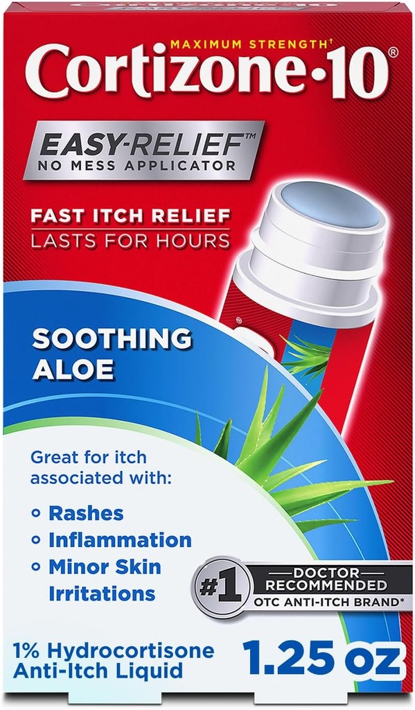 Cortizon- 10 Maksymalna siła Kojąca Aloe Itch Ulga Bez Mess Wnioskodawca, 1% Hydrokortyzon, Fast- Acting, Przeciw-Itch Płyn do Bug Bites, Rash, Eczema, Łuszczyca, Poison Ivy, Oak & Sumac, 1.25 fl Oz
