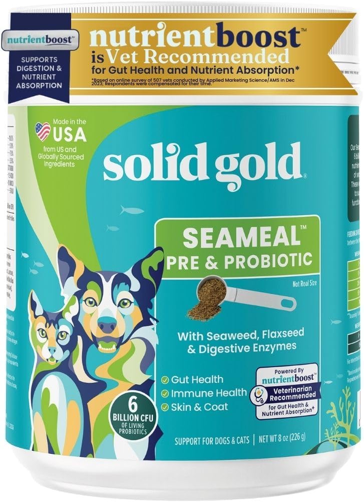 Solid Gold SeaMeal Cat Probiotyczne & Psy Probiotyki dla zdrowia trawiennego - Kelp Powder Dog & Cat Multivitamin Suplement w / Prebiotyki & Enzymy trawienne dla skóry, Coat, & Gut + Wsparcie immunologiczne - 8oz