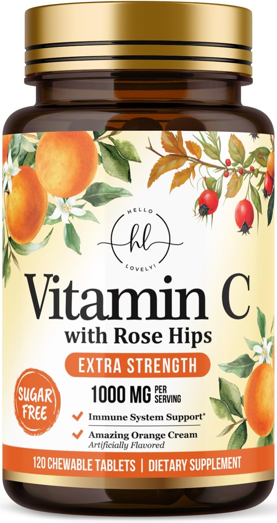 Witamina C Suplement 1000mg - Dodatkowa siła z Rose Hips Bioflavonoids - Bez cukru Witamina C Pigułki do żucia, Vit C dla immunologicznego wsparcia i ochrony przeciwutleniacza - 120 Tabletki do żucia