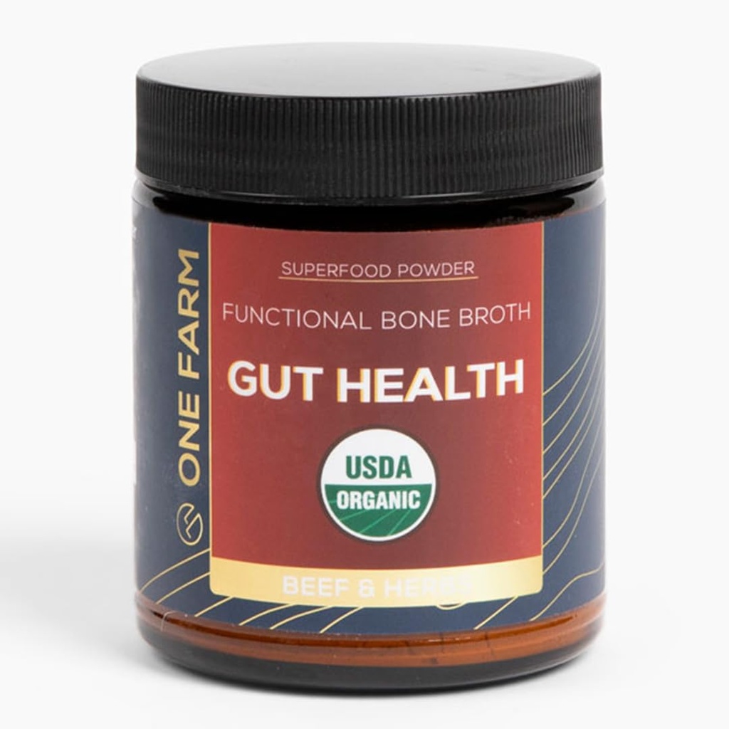 One Farm Superfood Powder Gut Health, Organic Gut Soothing Mieszanka i Mieszanka prebiotyczna, Non-GMO, Prebiotyki z Bone Broth, Turcja Grzyb ogonowy, Slippery Elm, i Marshmallow Root for GI Health