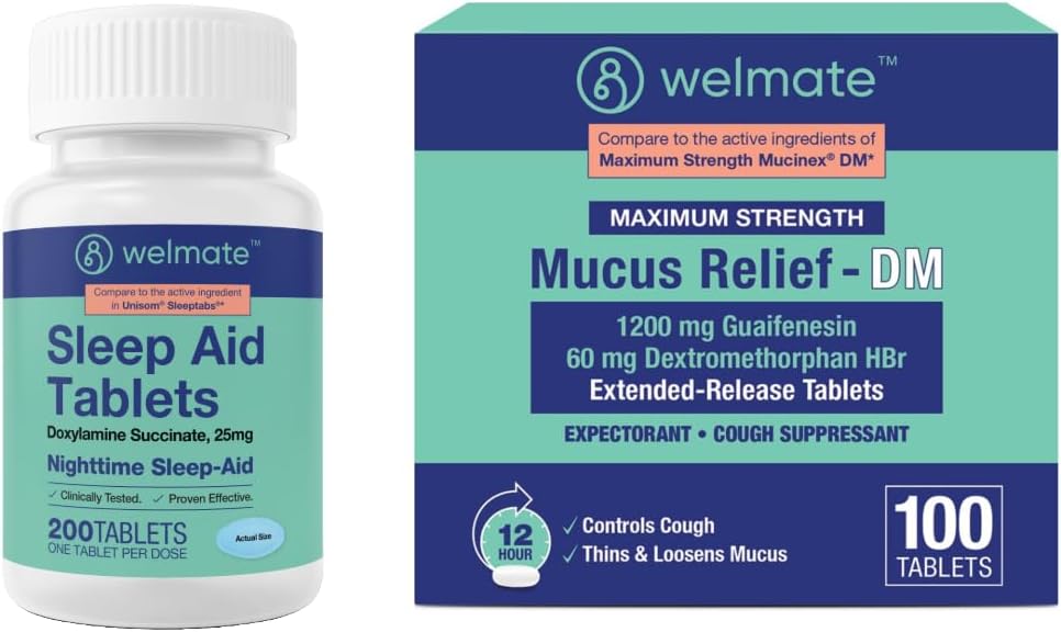 WELMATE Cold & Flu Nighttime Relief Bundle: Mucus Relief DM 1200mg Guaifenesin & 60mg DXM (100 Ct) for Cough & Congestion Relief + Doxylamine Succite 25 mg Sen Aid (200 tabletek)