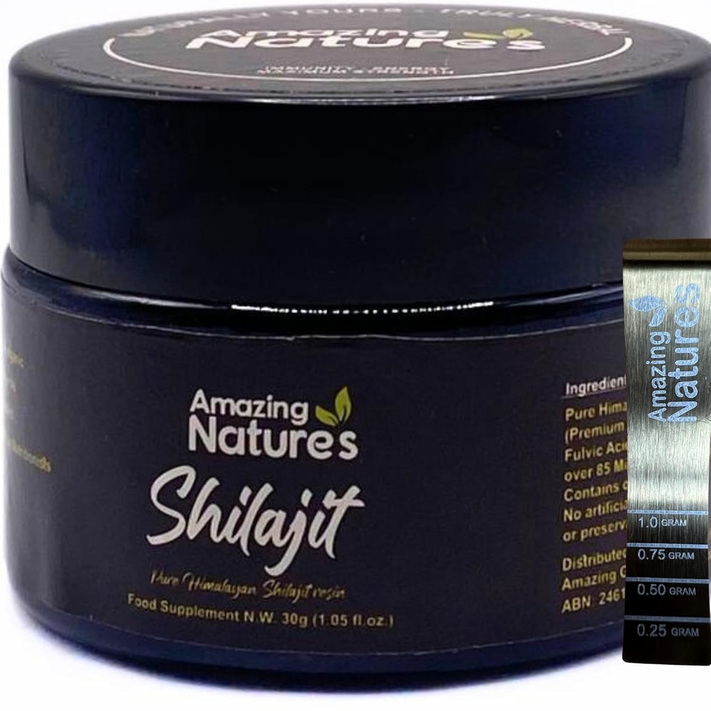 Czysty himalajski Shilajit Resin - 500 mg wysokopojemnościowy suplement organiczny dla energii, immunologiczne wsparcie i fokus 124; 85 + Minerały śladowe, kwas Fulvic 124; 30g, Lab- Tested for Purpure by Amazing Natures