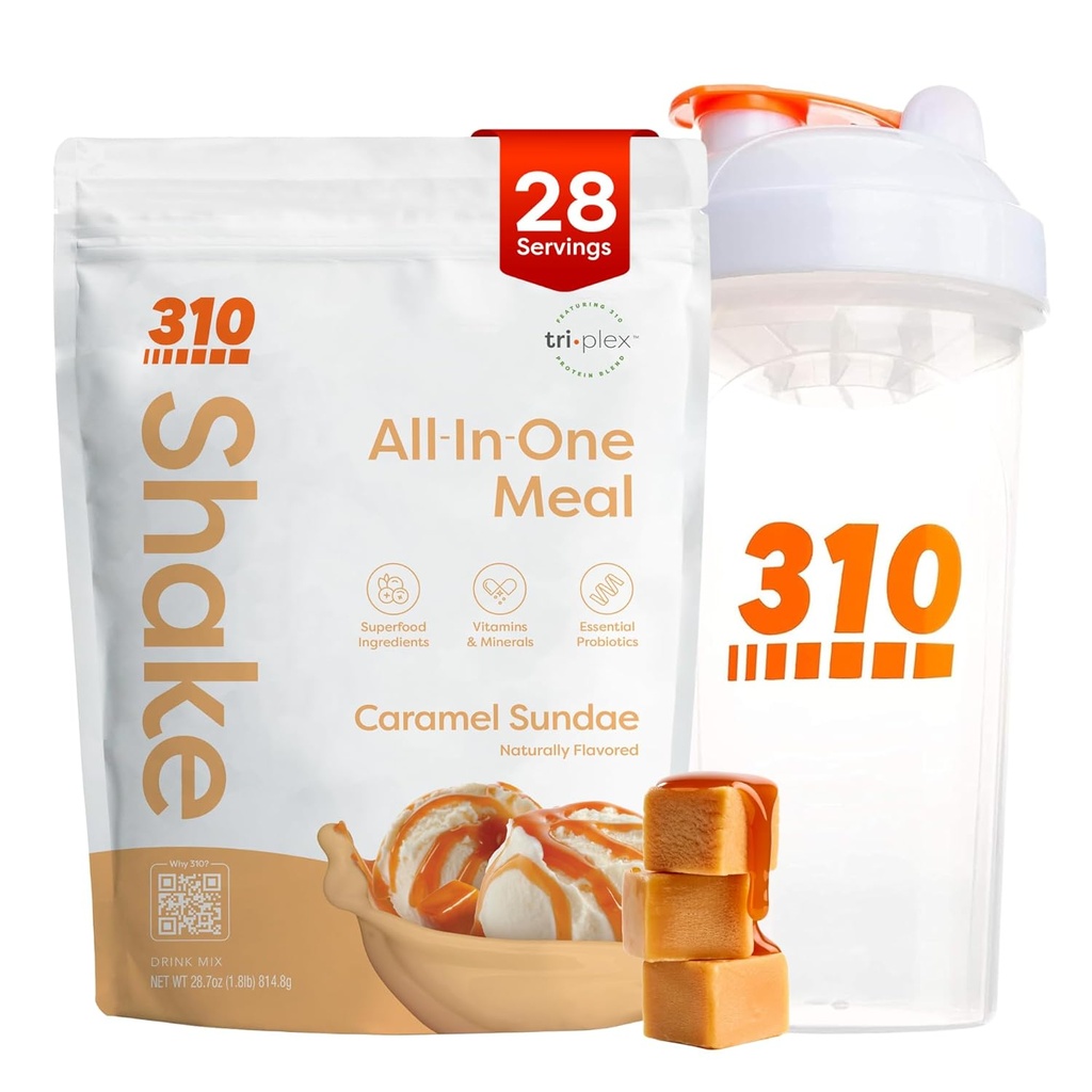 310 Nutrition All- in- One Meal Replacement Shake Powder w / Shaker Cup Starter Kit - Wysokie białko włókno bogaty Wegan Superfood Mieszanka - Sugar- Free, Keto & Paleo Friendly, Low Carb - Karmel Sundae 28 srv