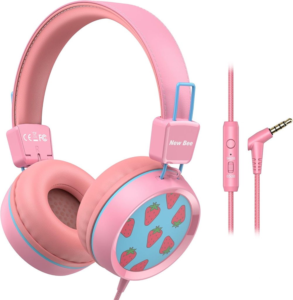 Nowe słuchawki Bee Kids podłączone do szkoły z mikrofonem KH20 HD Stereo Safe Volume Limited 85dB / 94dB Składany lekki dla dziewczyny / Mac / Android / Kindle / Tablet / Pad (różowy)