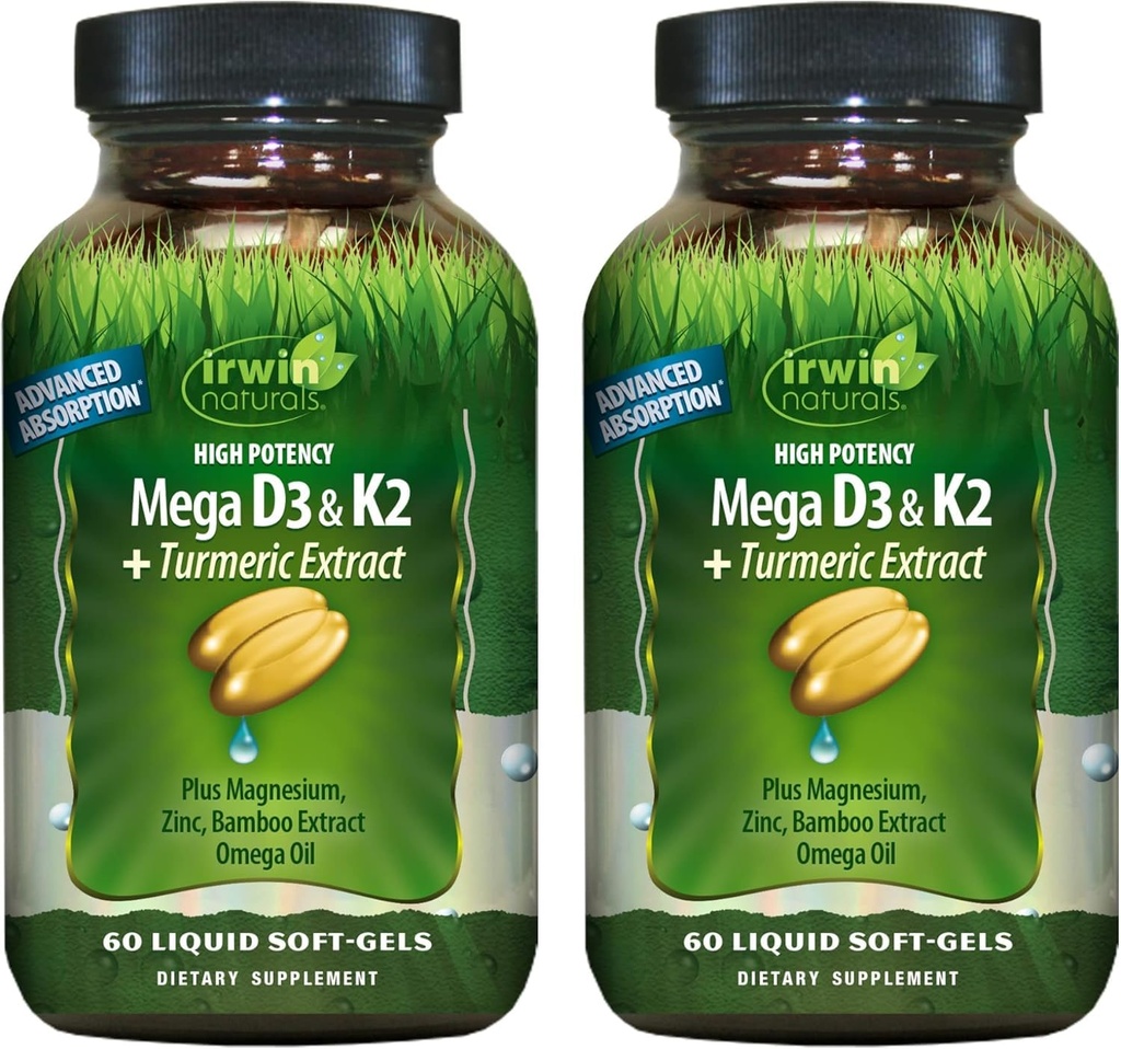 Irwin Naturals High Potency Mega D3 & K2 + Ekstrakt Turmeric dla zdrowych kości, funkcji immunologicznych i pozytywnego nastroju - Advanced Absorption with Magnezu, Turmeric, Bamboo & Omega Oil - 60 Płynne Softgels
