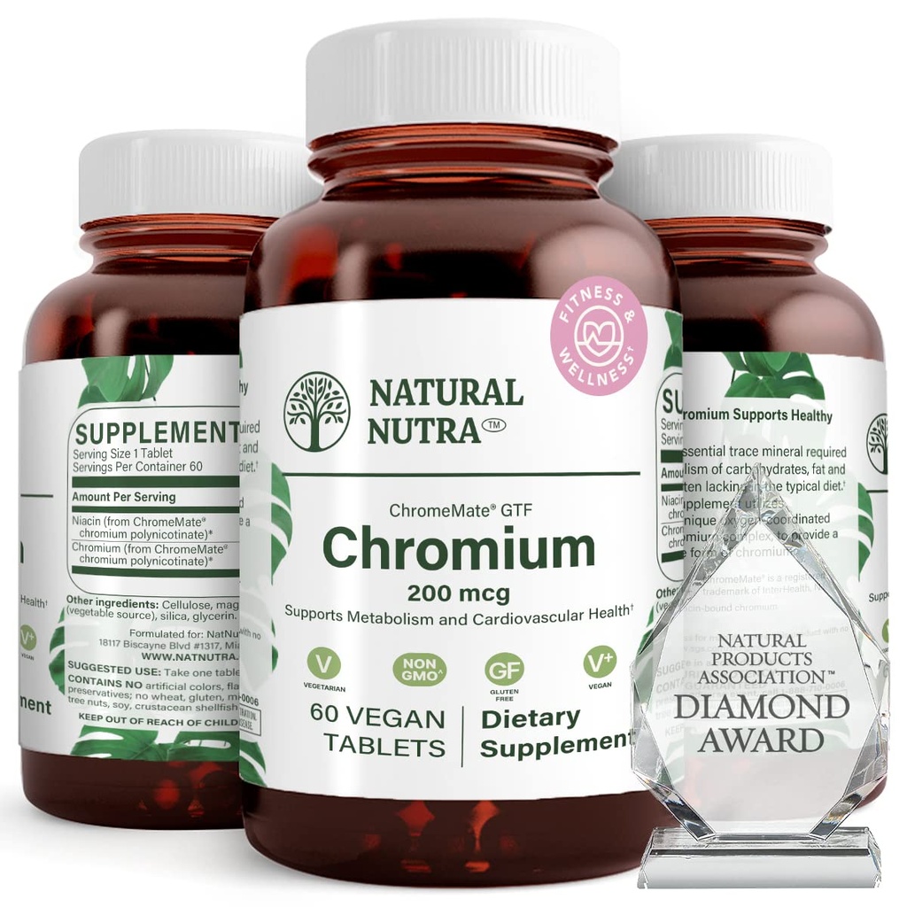 Naturalny polinikotynian chromowy Nutra GTF z ChromeMate, wspomaga metabolizm ciała, promowanie zdrowia ciała, zdrowie układu sercowo-naczyniowego 200 µg, 60 tabletek wegańskich