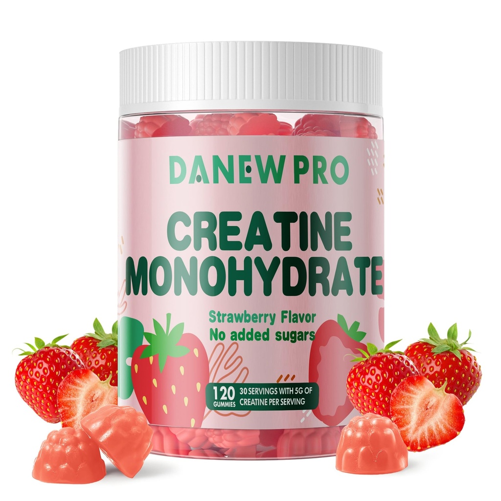 NSF Certyfikowany Gummy Kreatyna 5g - Jednowodzian Kreatyny dla mężczyzn i kobiet, Monowodzian Kreatyny dla mięśni, Muscle Builder, Energy Boost, Pre- Workout Supplement (120 Count) -Truskawka