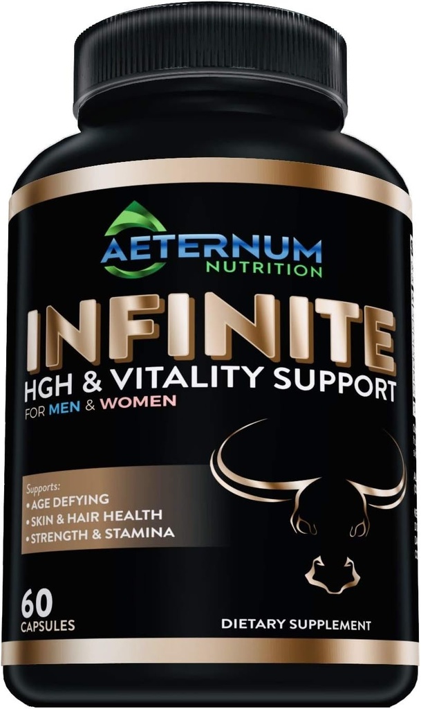 Infinite - HGH - Testosteron - Suplement witalności - Zawiera Argnine- Glutamina, i więcej! Wspiera siłę, Stamina, Zdrowie skóry i włosów, Wzrost mięśni. dla mężczyzn i kobiet 60 kapsułek na butelkę.