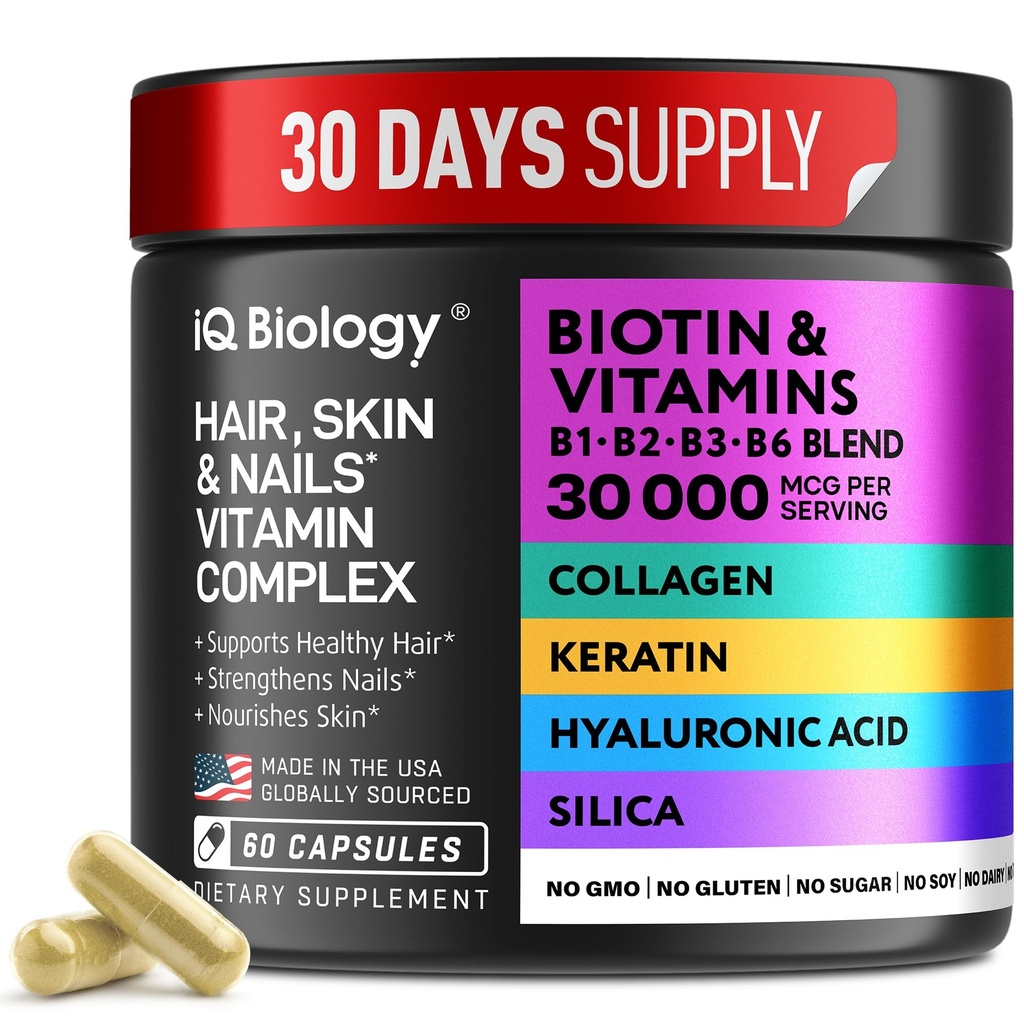 Biotin for Hair Growth Women & Men with Keratin, Collagen Complex 30000 mcg - Kapsułki dla Hair Loss & Stronger Grubość - Skóra i paznokcie Witaminy, Biotin 10000mcg i Kolagen Suplementy - 60 Pigułki