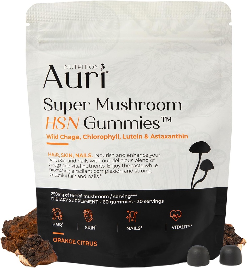 Auri Super Mushroom Gummies HSN - Gummeje do włosów i paznokci Gummeje funkcjonalne suplement - z Dziką Chaga, Chlorofil, Luteina i Astaksantyna - 60 Orange Citrus Gummies