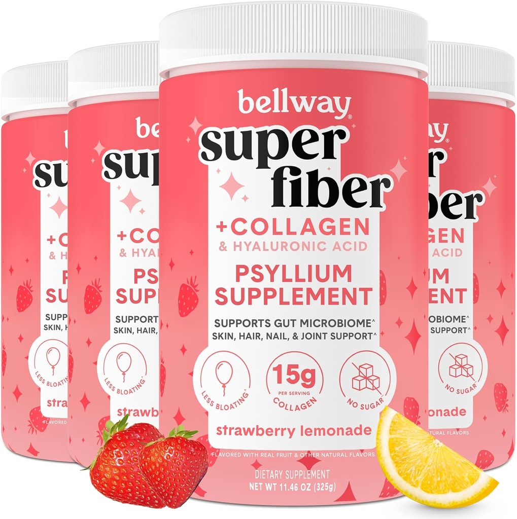 Bellway Super Fiber Powder + Collagen (4 opakowania), Pyllium bez cukru Proszek Husk z peptydami kolagenowymi dla Gut Health, Zdrowa skóra, paznokcie, kości i łączniki, Lemoniada truskawkowa (45,84 oz)