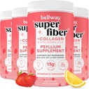 Bellway Super Fiber Powder + Collagen (4 opakowania), Pyllium bez cukru Proszek Husk z peptydami kolagenowymi dla Gut Health, Zdrowa skóra, paznokcie, kości i łączniki, Lemoniada truskawkowa (45,84 oz)