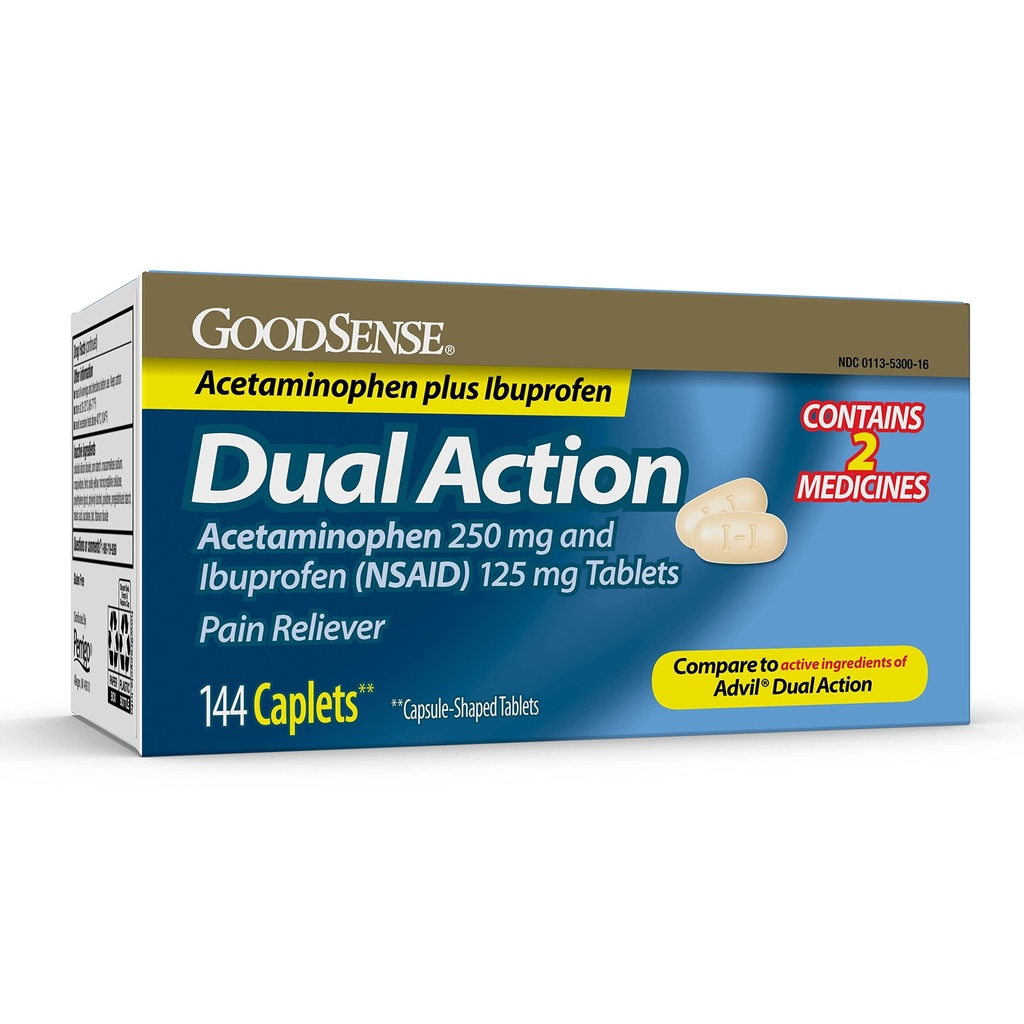 GoodSense Dual Action Acetaminofen 250 mg i Ibuprofen (NSAID) 125 mg tabletki, Reliever Pain for Headache Relief, Artretitis Pain Relief and More, 144 Count