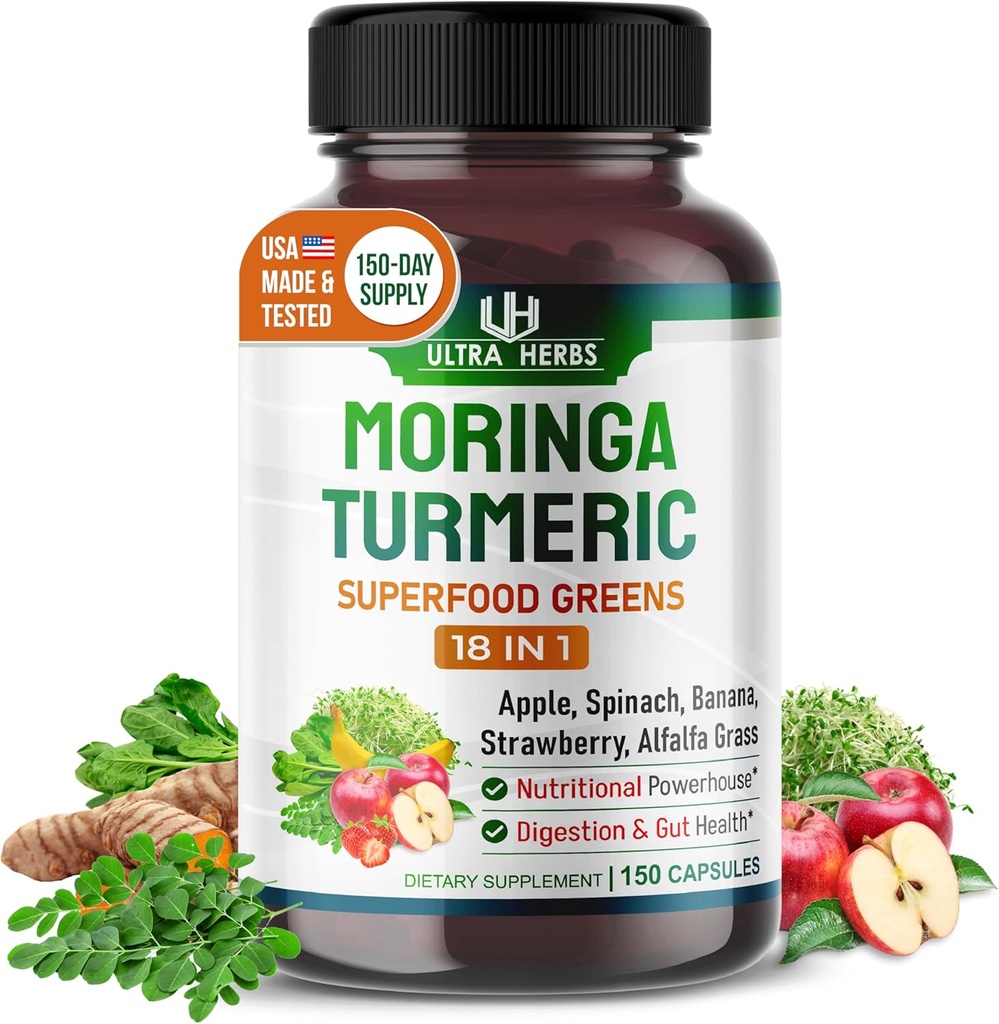 Superfood Zielone 18 IN 1 - z owoców i warzyw & Zioła -Moringa, Alfalfa, Apple, Spinatch, Banana, Strawberry- Boost Energy, Immunitet i Gut Health (150-dniowy zapas (opakowanie po 1))