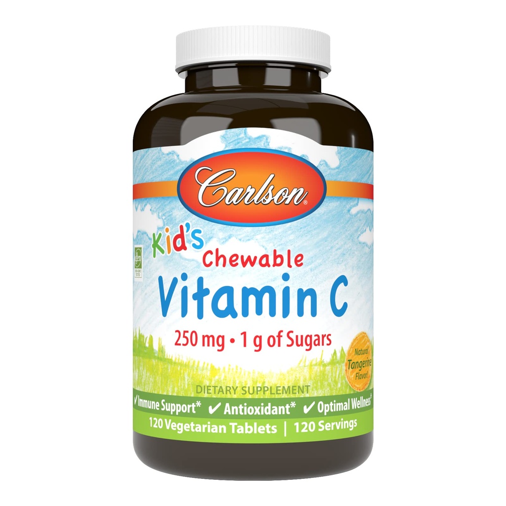 Carlson - Kid 's Chewable Witamina C, 250 mg, 1 g Cukry, Wsparcie immunologiczne & Optymalne Wellness, Przeciwutleniacz, Tangerine, 120 Tabletki wegetariańskie
