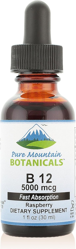 Pure Mountain Botanicals B12 Witamina 5000 µg - Kosher B12 Krople w 1oz Butelka z Natural Berry Flavor