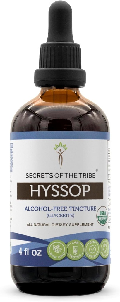 Hyssop USDA Organic Equipment 124; Alcohol- Free Extract, High- Potency Herbal Drops Equipment 124; Made from 100% Certified Organic Hyssop (Hyssopus officinalis) Dried Herb (4 oz)