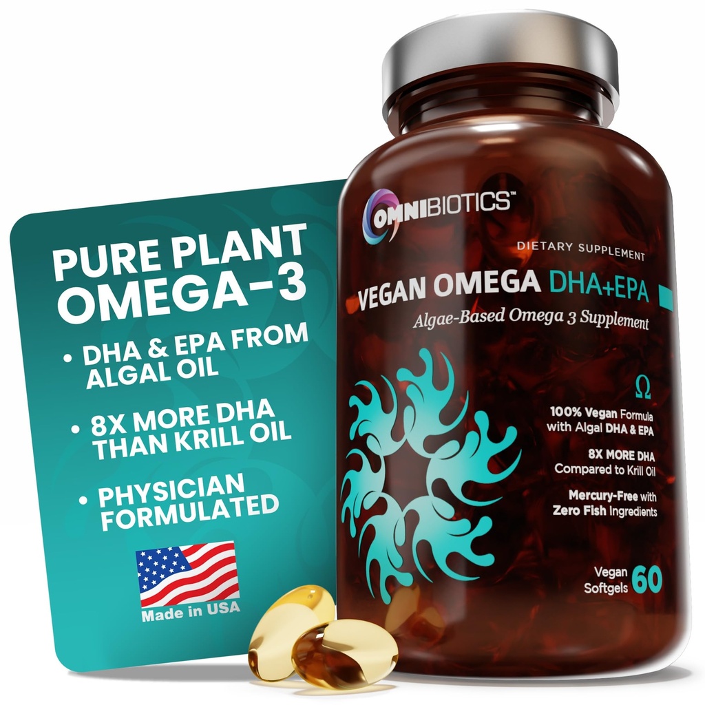 OmniBiotics Vegan Omega 3 DHA EPA Supplement - MD- Certified Prenatal Supplement with 8X More DHA Than Krill Oil, Fish- Free, Non-GMO - 60 Vegan kapsułki