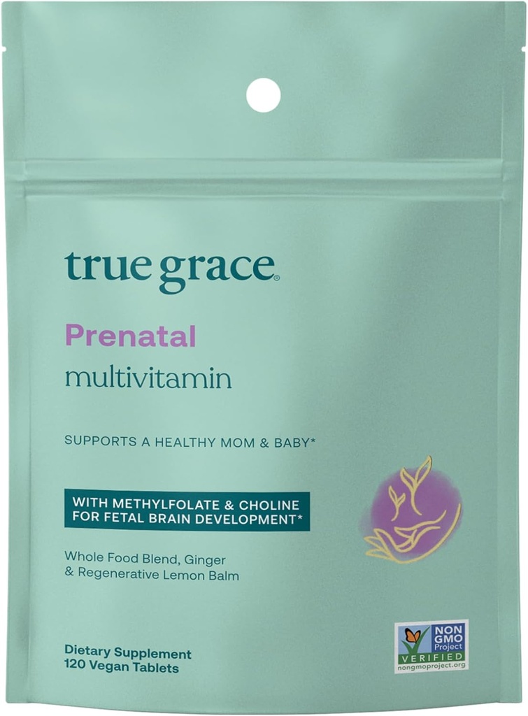 Prawdziwa Grace Prenatal Multivitamin Refill Pouch - 120 tabletek wegańskich - Wspiera zdrową mamę i dziecko z metylofolianem i choliną do rozwoju mózgu płodu - Gluten Free, Soy Free - 60 Sług