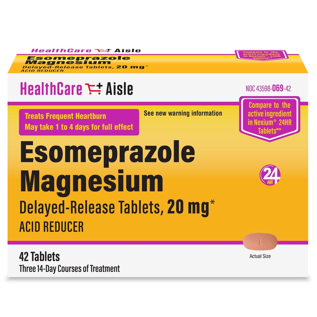 HealthCareAisle Esomeprazol Magnezu Delayed- Release Tablets, 20mg - 42 Count - Acid Reducer, Zapewnia Heartburn Relief