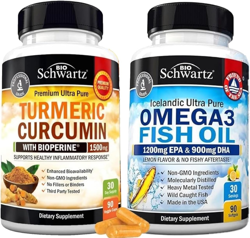 Triple Force Omega 3 Fish Oil Softgels (1 Miesiąc dostaw) Plus kurkumina Turmeric z Black Pepper Extract 1500mg Complex (1 Miesiąc dostaw)