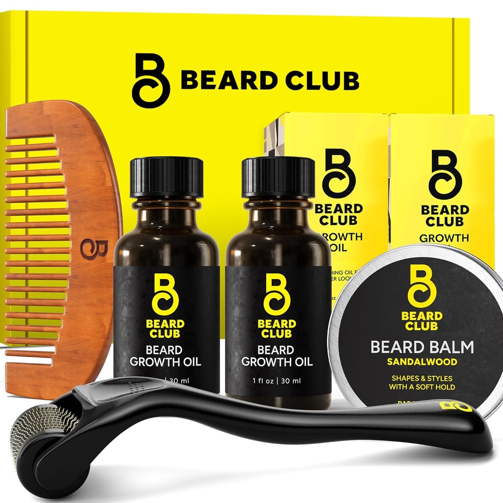 Beard Club Enhanced Beard Growth Kit - Derma Roller, Beard Growth Oil (2PK), Sandalwood Beard Balm, Comb - Zestaw prezentów