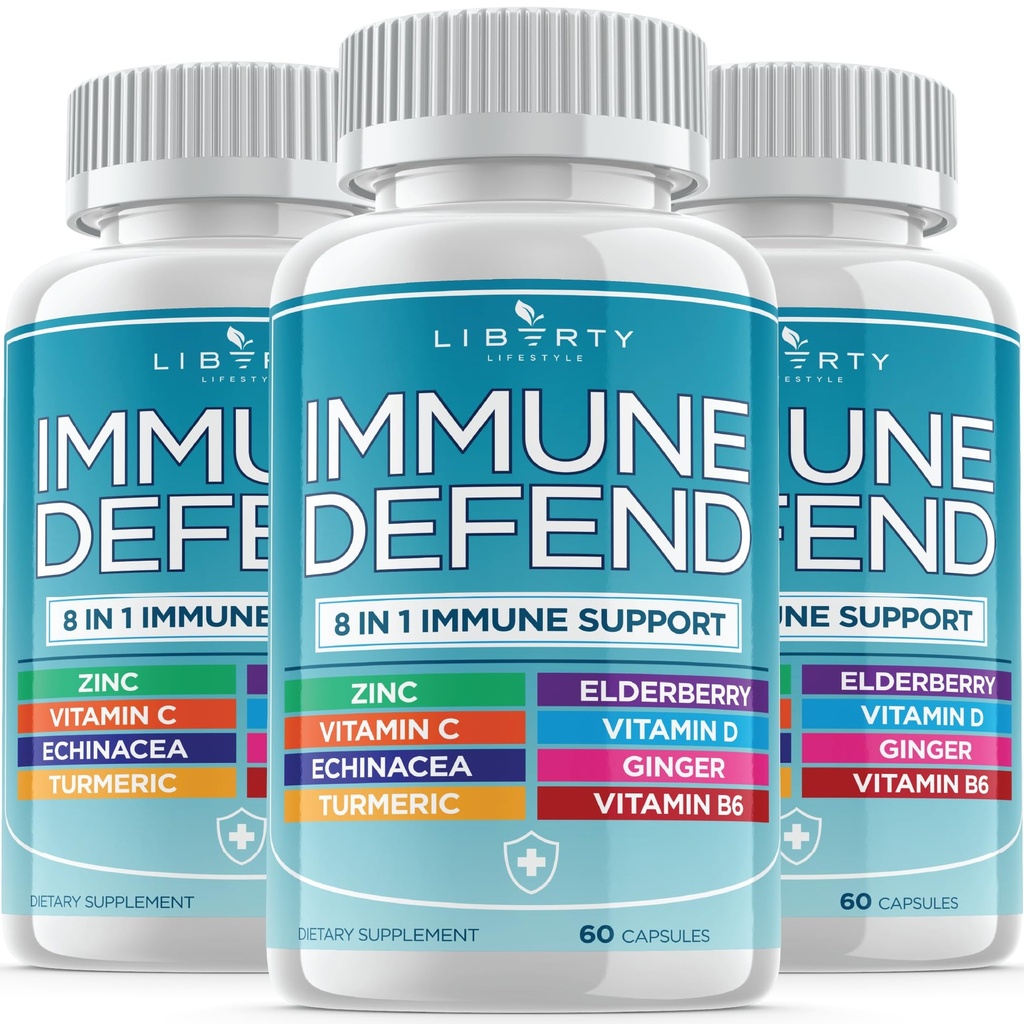 8 in 1 Immune Defense Support, Immunity Vitamins Supplement Booster z cynku 50mg, Witamina C Elderberry VIT D3 5000 IU, Kurkumina Turmerowa & Ginger, Echinacea - Ulga alergiczna dla dzieci Dorośli