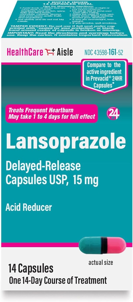 HealthCareAisle Lansoprazol 15 mg - 14 Kapsułki o opóźnionym uwalnianiu - Acid Reducer, Leczenie Częste Heartburn