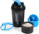 Butelka shaker - Puchar shaker protein z magazynami - odporny na wycieki turniej Butelki z mikserem do gładkiego mieszania - 500ML / 16oz (BLUE & BLACK)